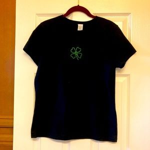 Black Tee with Green Rhinestone Shamrock